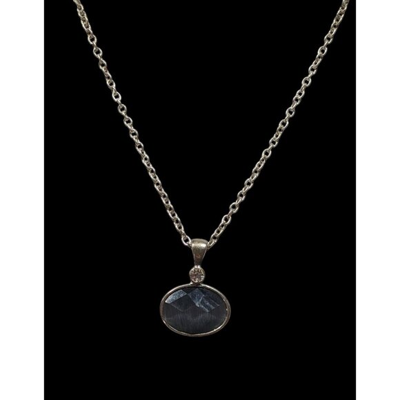 Whimsical Grey Faceted Cat Eye Glass Pendant Necklace With Rhinestone Accent - Picture 2 of 7